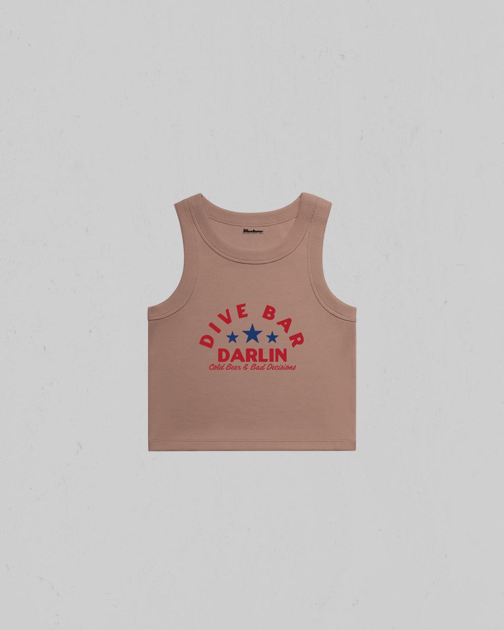 Dive Bar Darlin organic crop tank top featuring a vintage western inspired graphic with Cold Beer & Bad Decisions slogan.