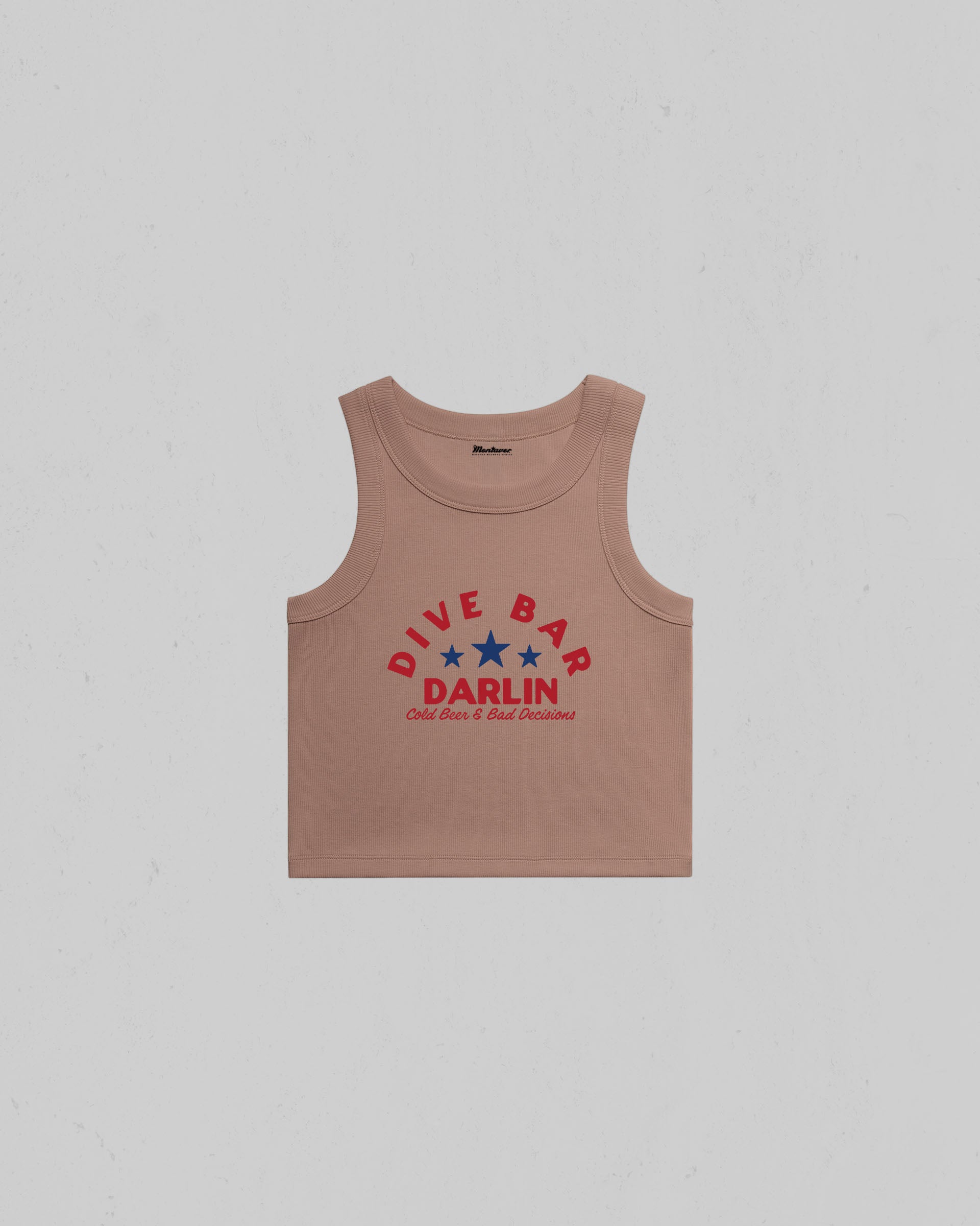 Dive Bar Darlin organic crop tank top featuring a vintage western inspired graphic with Cold Beer & Bad Decisions slogan.