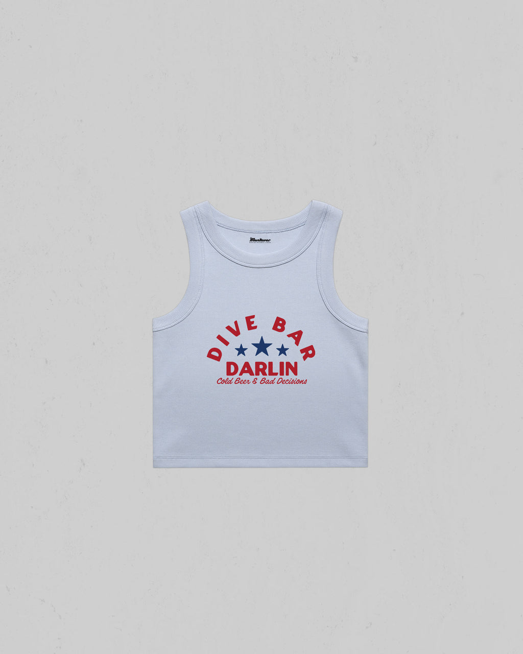Dive Bar Darlin organic crop tank top featuring a vintage western inspired graphic with Cold Beer & Bad Decisions slogan.