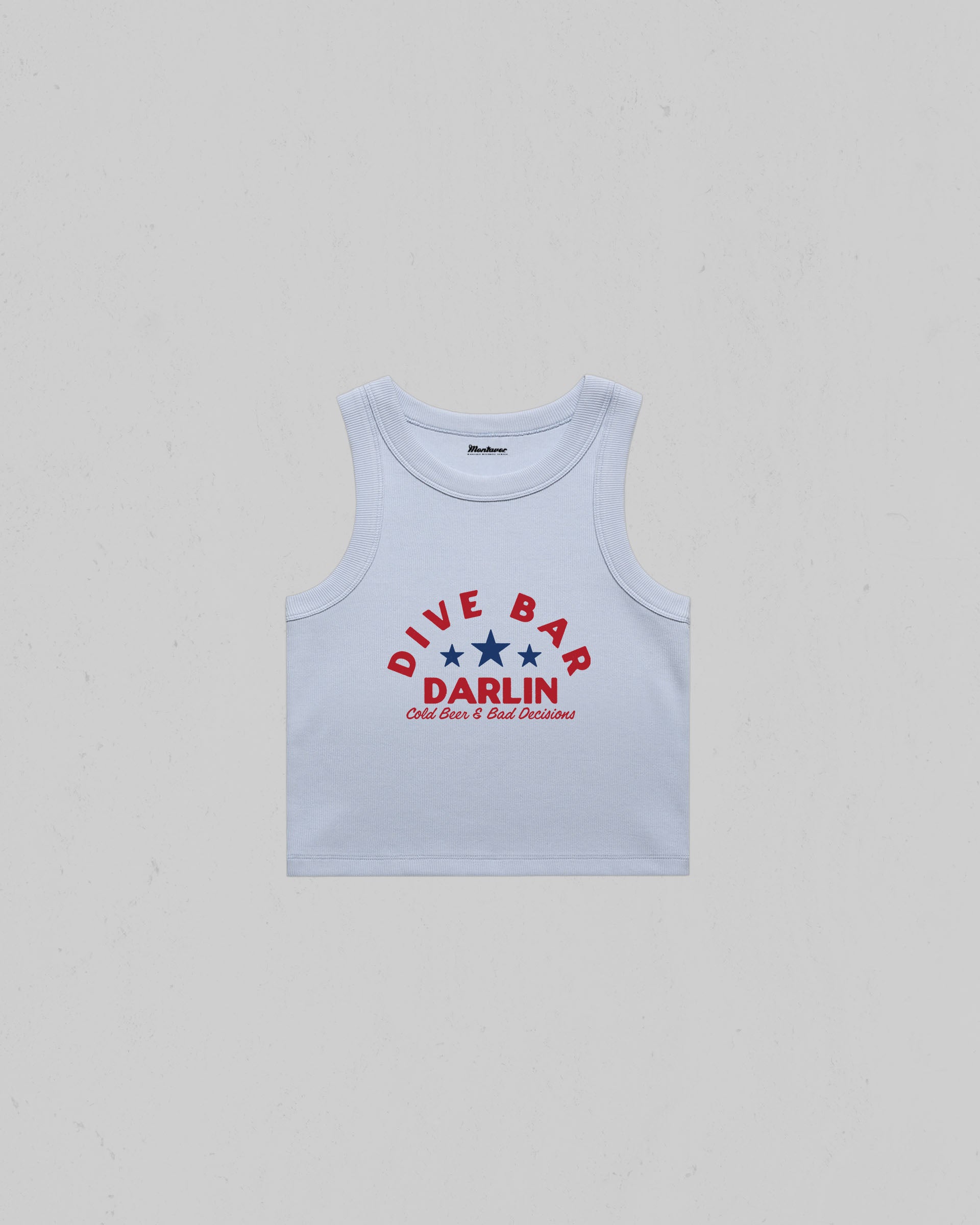 Dive Bar Darlin organic crop tank top featuring a vintage western inspired graphic with Cold Beer & Bad Decisions slogan.