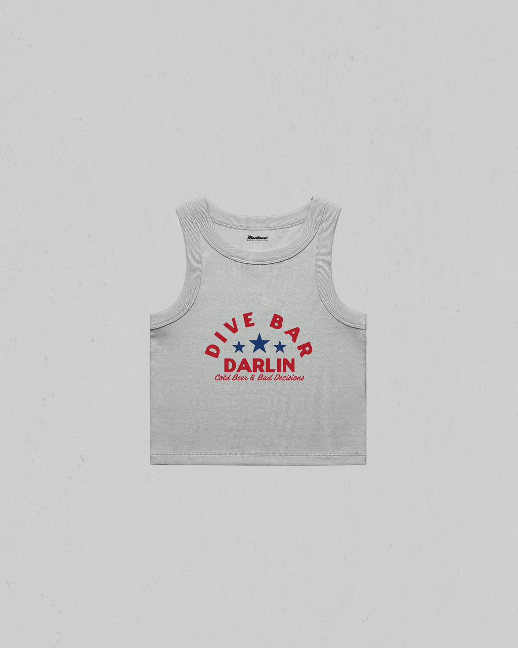 Dive Bar Darlin organic crop tank top featuring a vintage western inspired graphic with Cold Beer & Bad Decisions slogan.