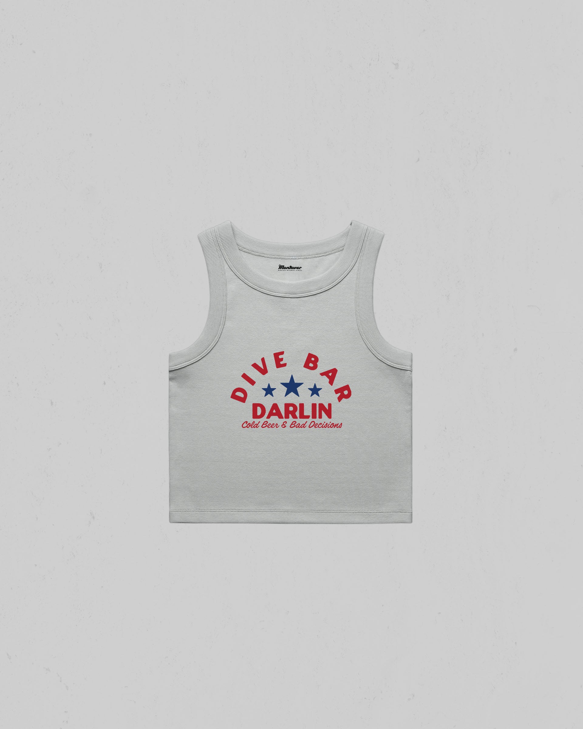 Dive Bar Darlin organic crop tank top featuring a vintage western inspired graphic with Cold Beer & Bad Decisions slogan.