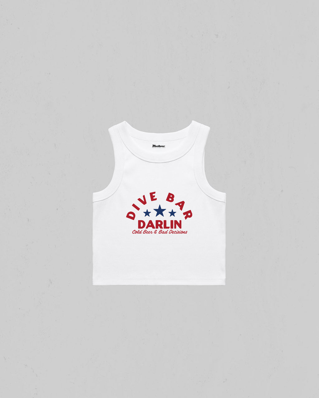 Dive Bar Darlin organic crop tank top featuring a vintage western inspired graphic with Cold Beer & Bad Decisions slogan.
