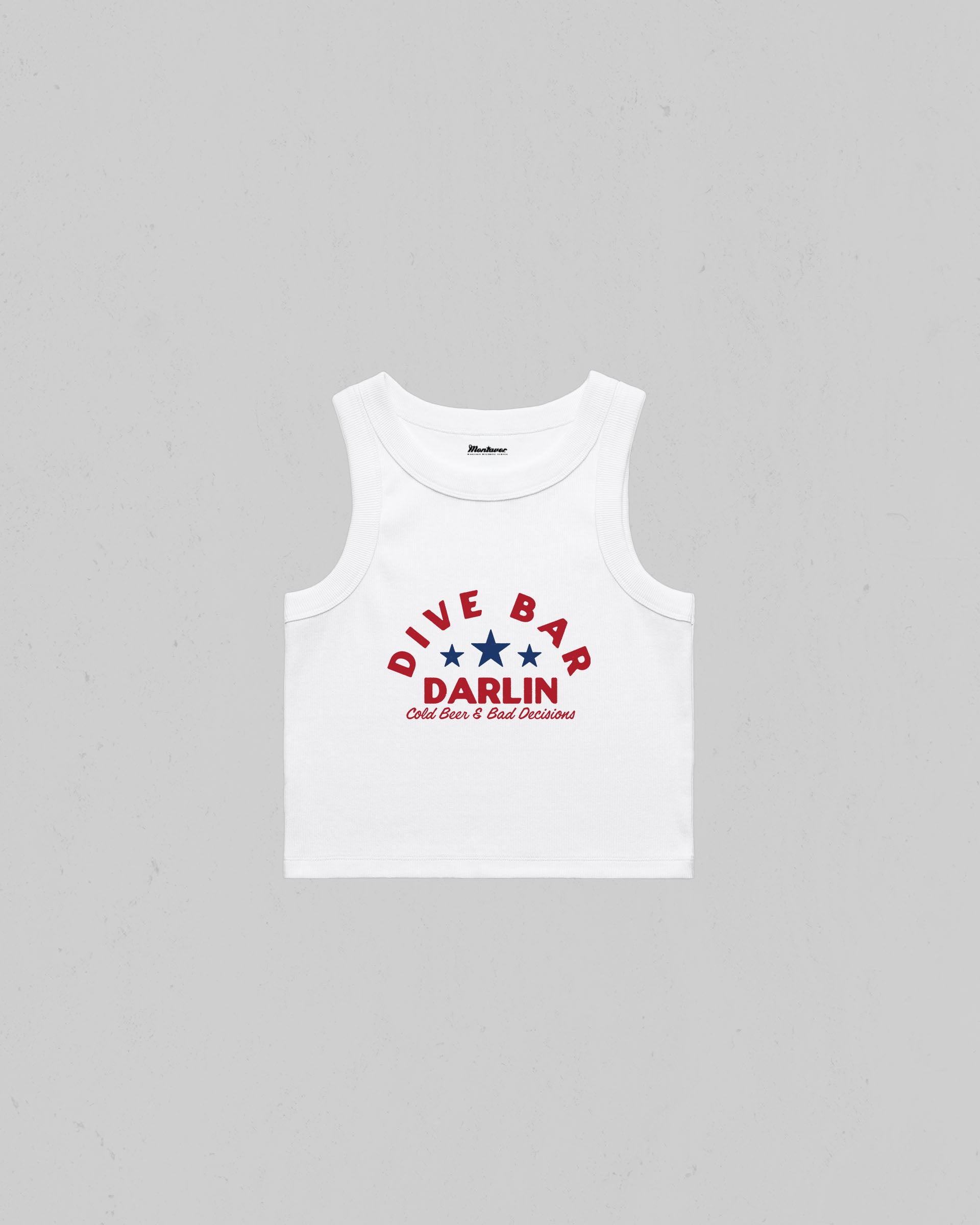 Dive Bar Darlin organic crop tank top featuring a vintage western inspired graphic with Cold Beer & Bad Decisions slogan.