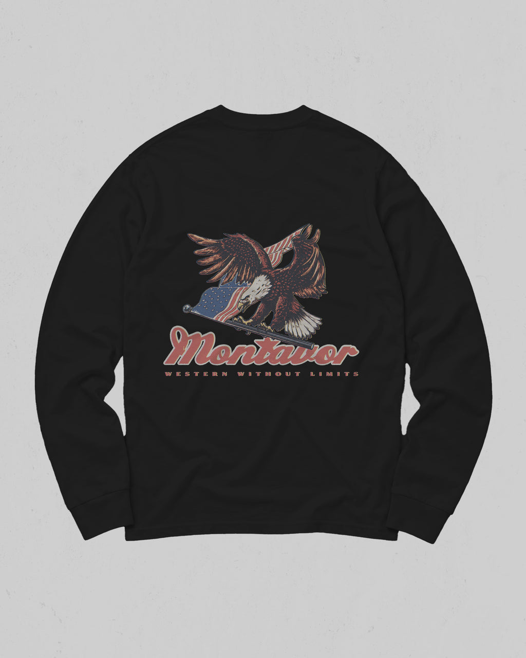 Montavor American Eagle long sleeve T-shirt, back view with bald eagle, American flag and Montavor Western Without Limits graphic.