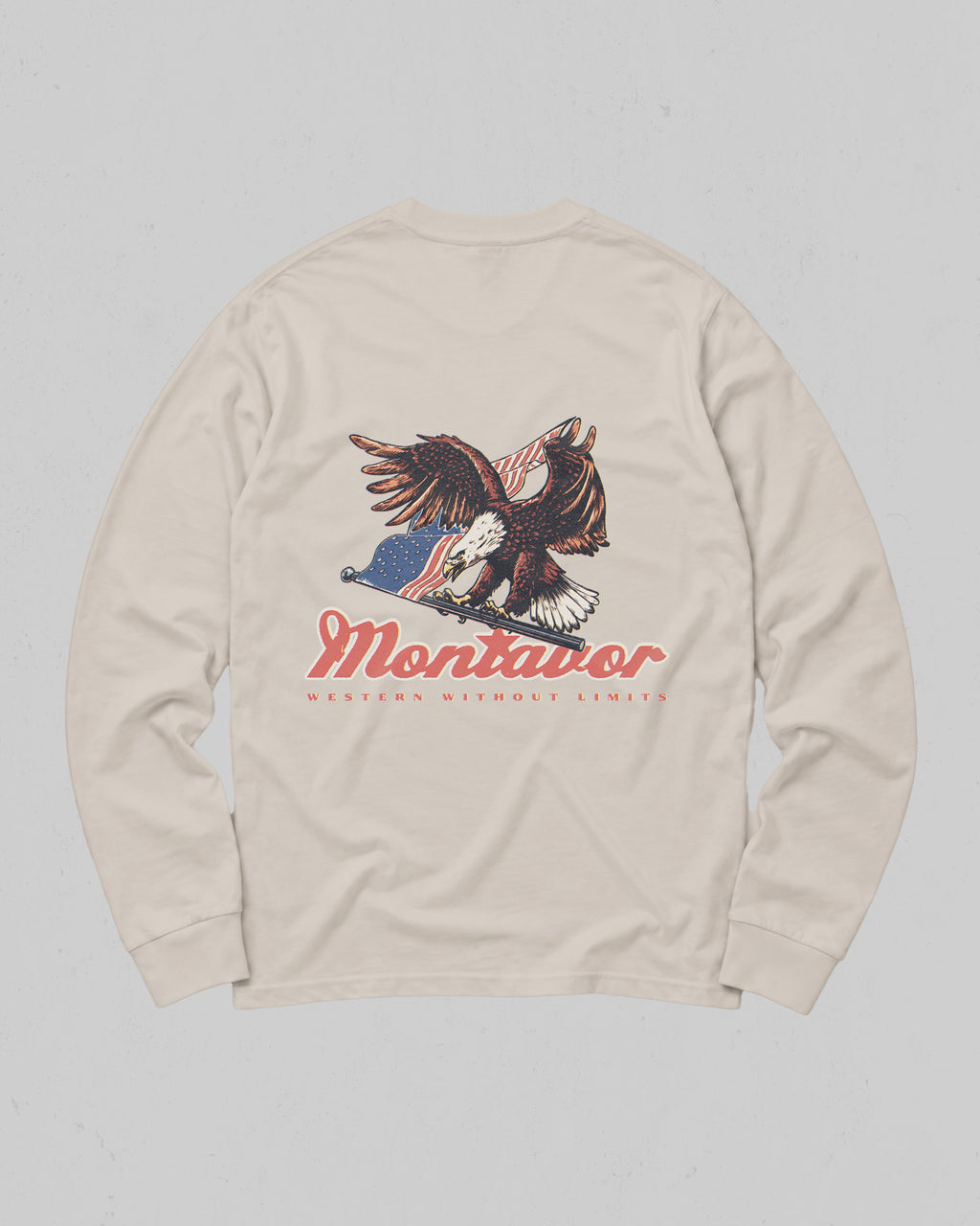 Montavor American Eagle long sleeve T-shirt, back view with bald eagle, American flag and Montavor Western Without Limits graphic.