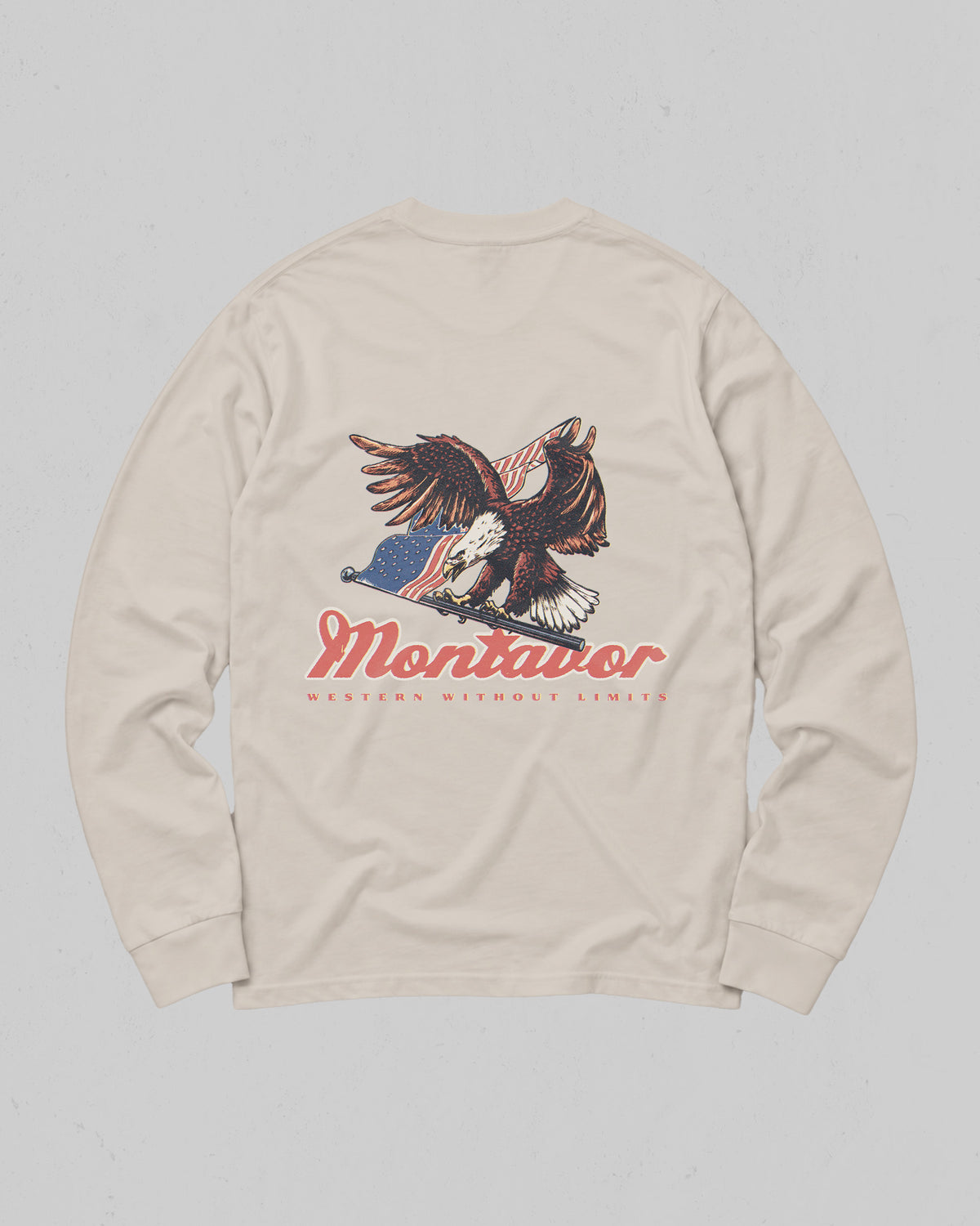 Montavor American Eagle long sleeve T-shirt, back view with bald eagle, American flag and Montavor Western Without Limits graphic.