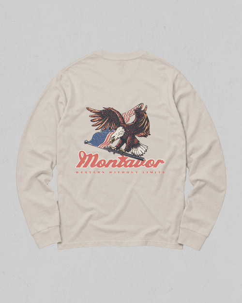Montavor American Eagle long sleeve T-shirt, back view with bald eagle, American flag and Montavor Western Without Limits graphic.