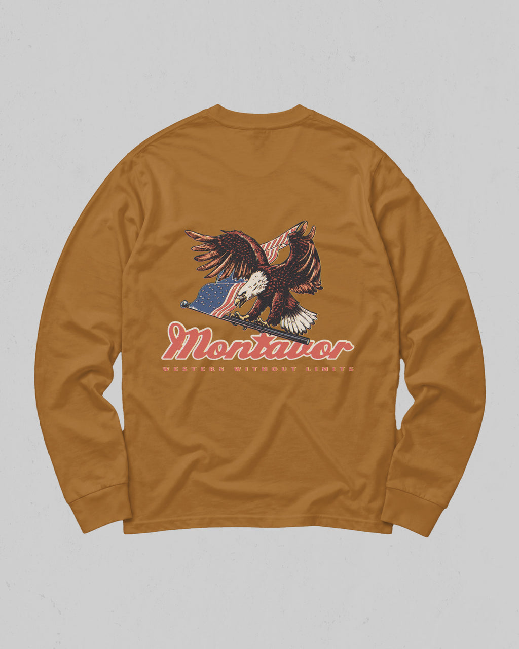 Montavor American Eagle long sleeve T-shirt, back view with bald eagle, American flag and Montavor Western Without Limits graphic.