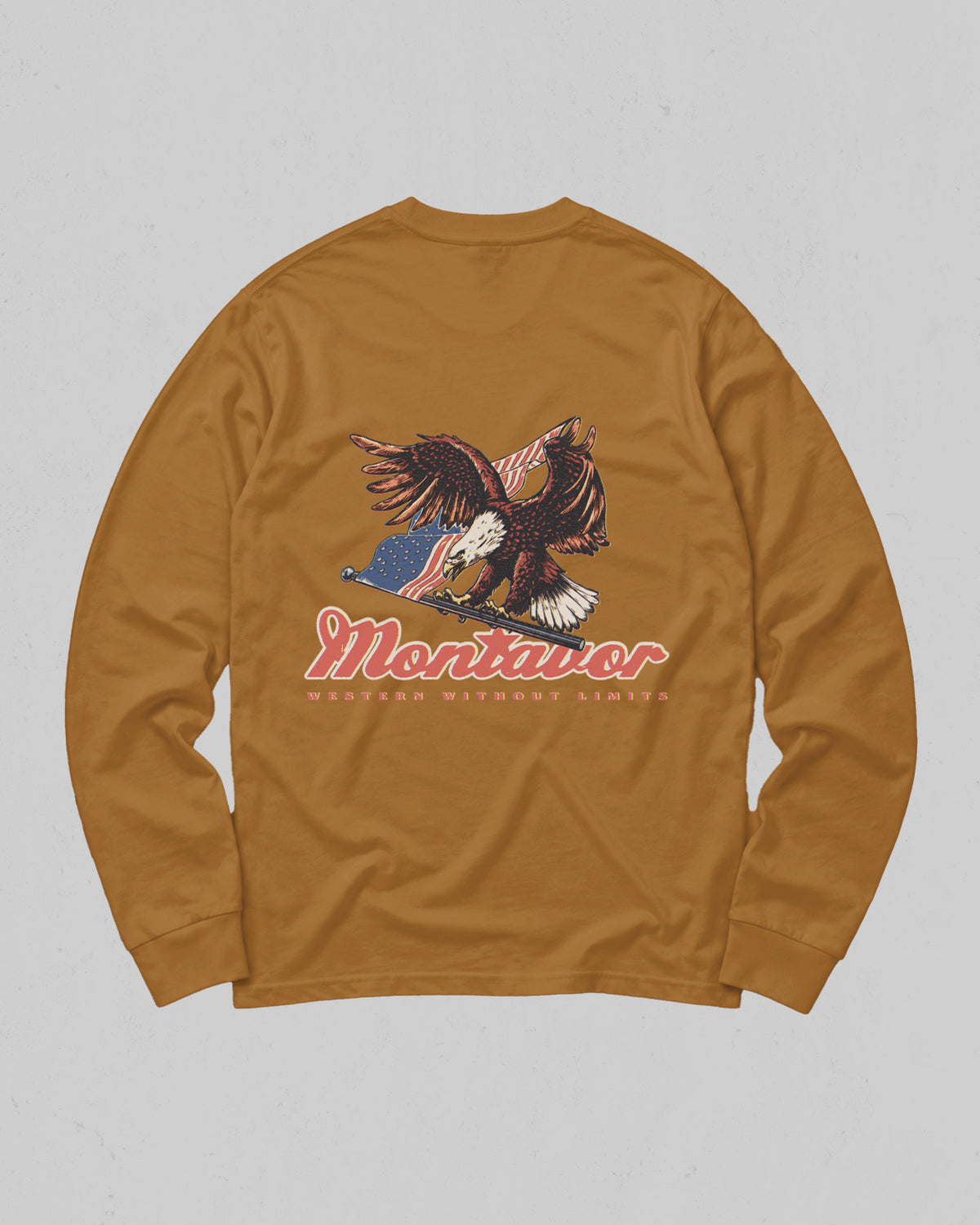 Montavor American Eagle long sleeve T-shirt, back view with bald eagle, American flag and Montavor Western Without Limits graphic.