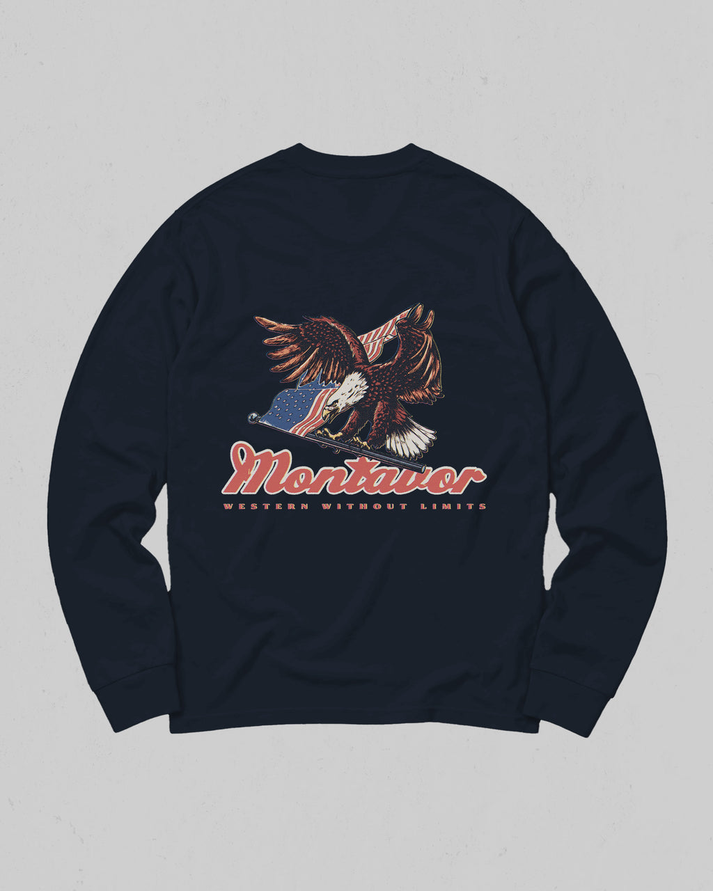 Montavor American Eagle long sleeve T-shirt, back view with bald eagle, American flag and Montavor Western Without Limits graphic.
