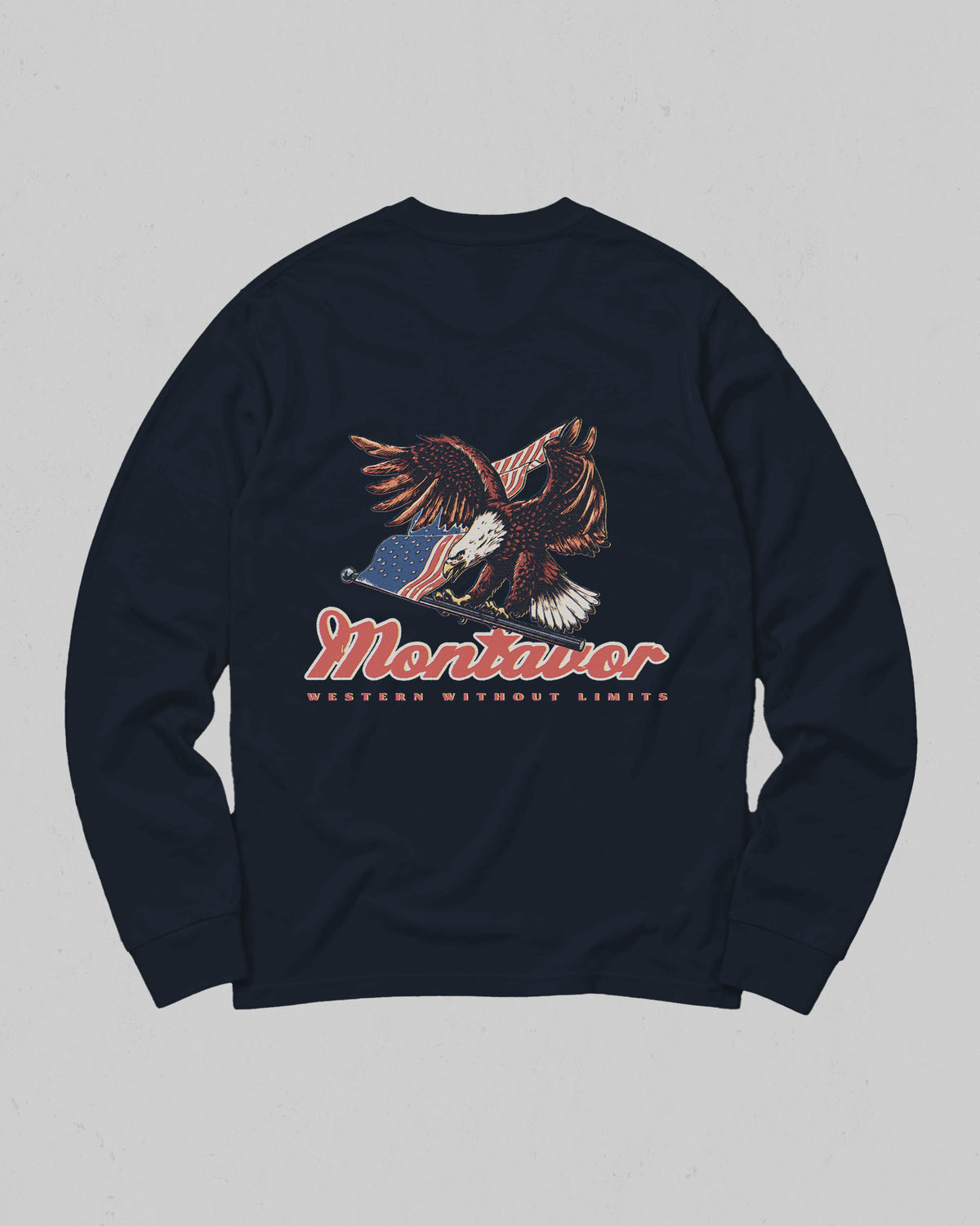 Montavor American Eagle long sleeve T-shirt, back view with bald eagle, American flag and Montavor Western Without Limits graphic.