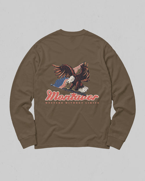 Montavor American Eagle long sleeve T-shirt, back view with bald eagle, American flag and Montavor Western Without Limits graphic.