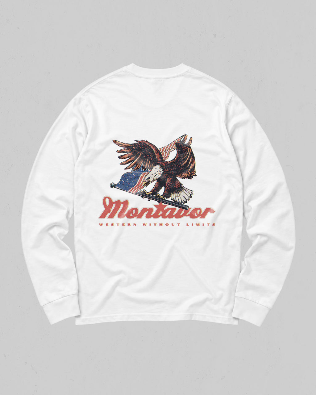 Montavor American Eagle long sleeve T-shirt, back view with bald eagle, American flag and Montavor Western Without Limits graphic.