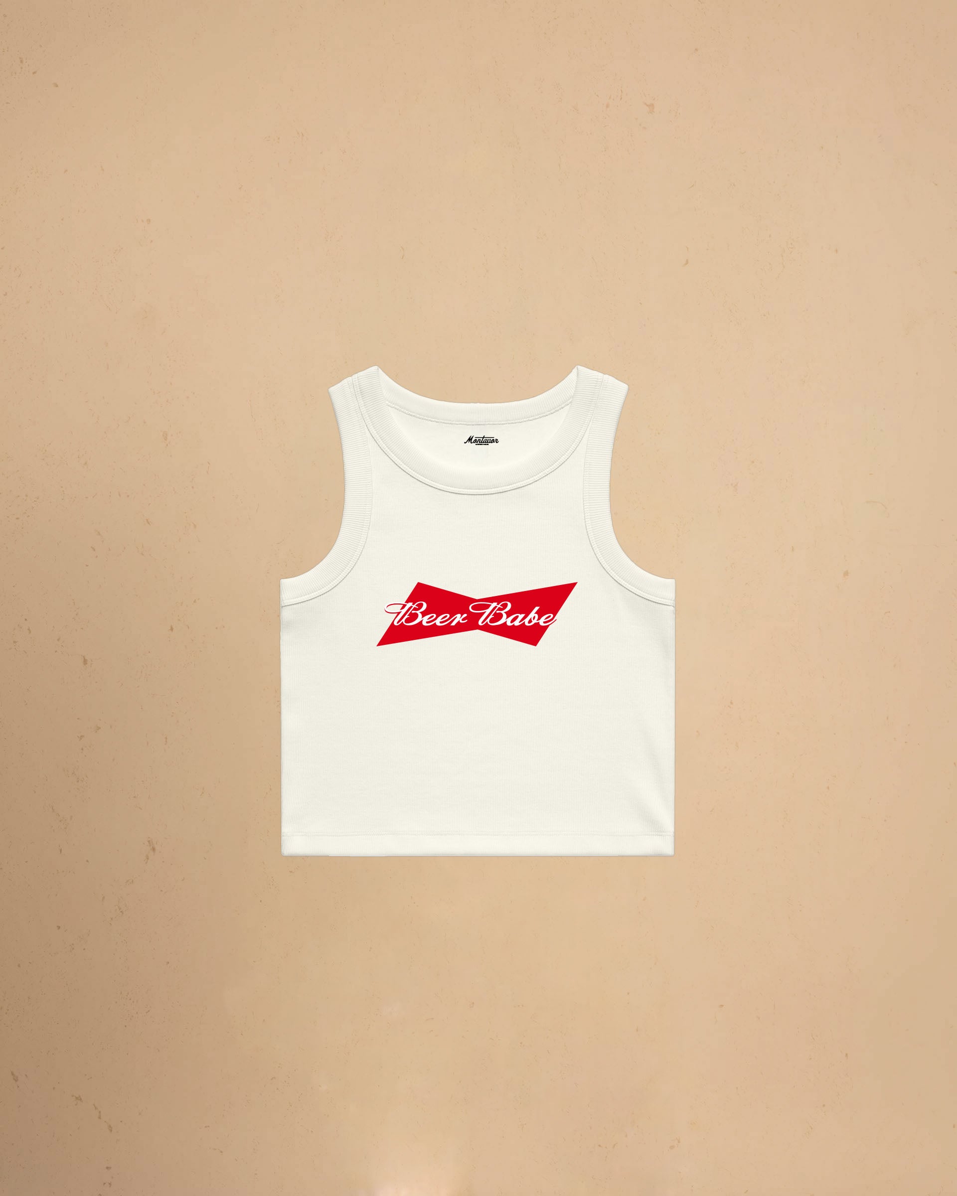 Beer Babe organic crop tank top featuring a retro-inspired beer graphic and slim fit cropped silhouette by Montavor.