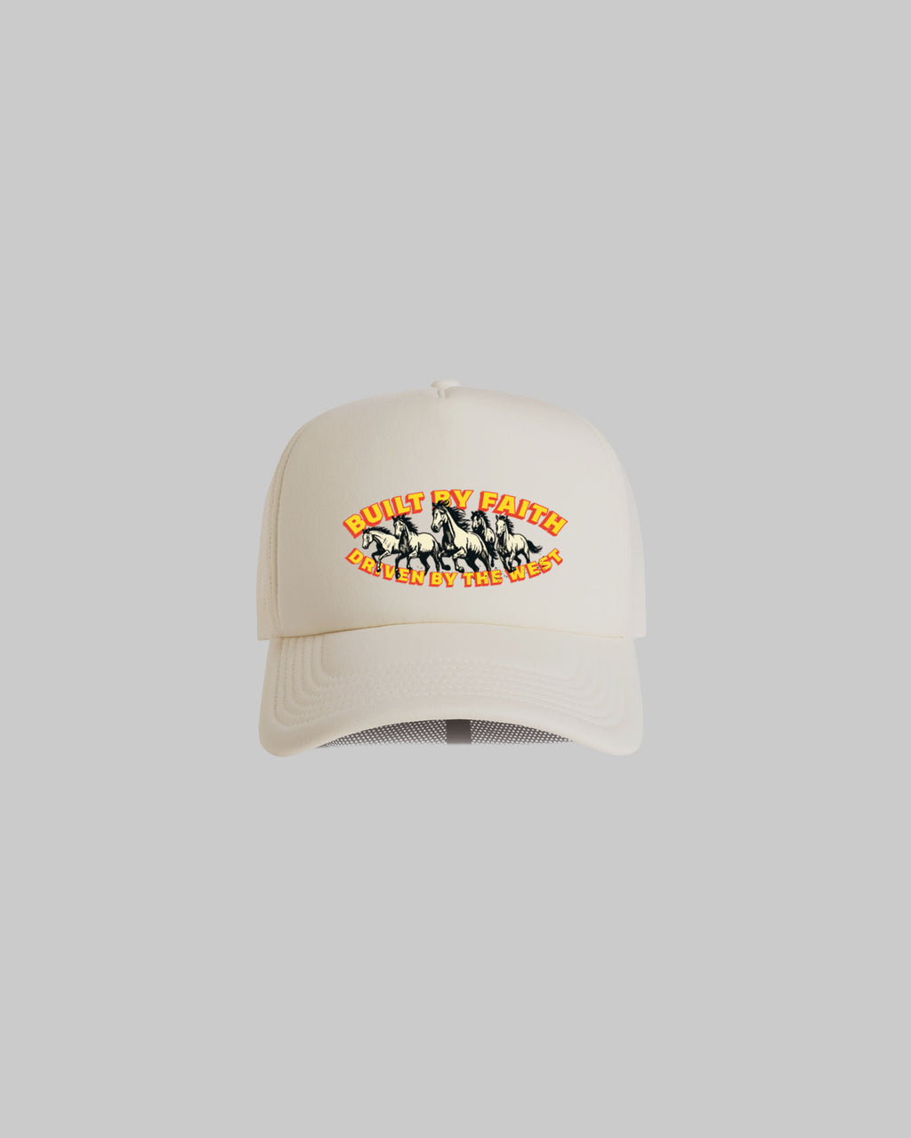 Ecru Built By Faith western trucker cap featuring a vintage horse graphic and curved peak.