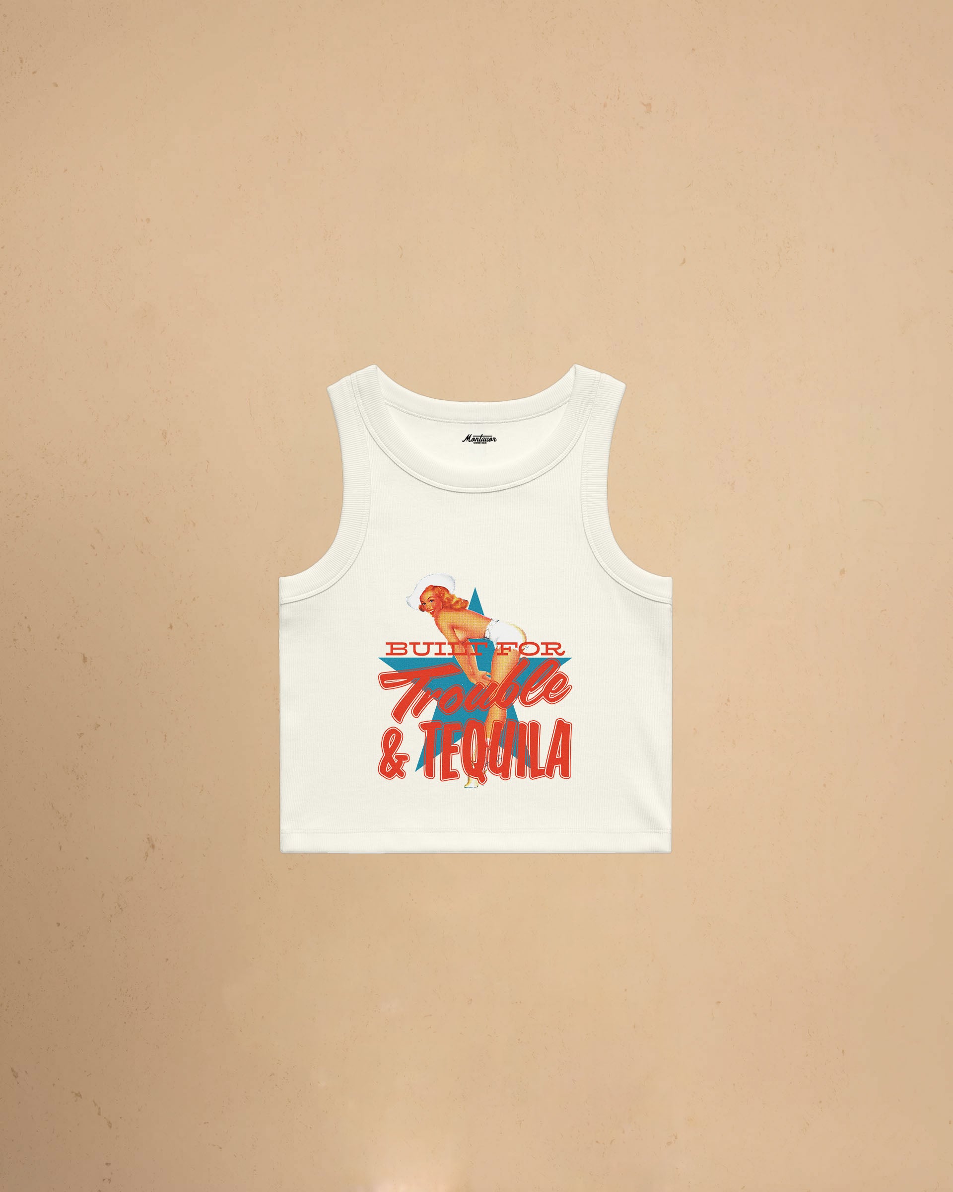 Ecru Women’s Built For Trouble cropped tank top featuring a vintage-inspired Western graphic print on a premium ribbed crop tank.