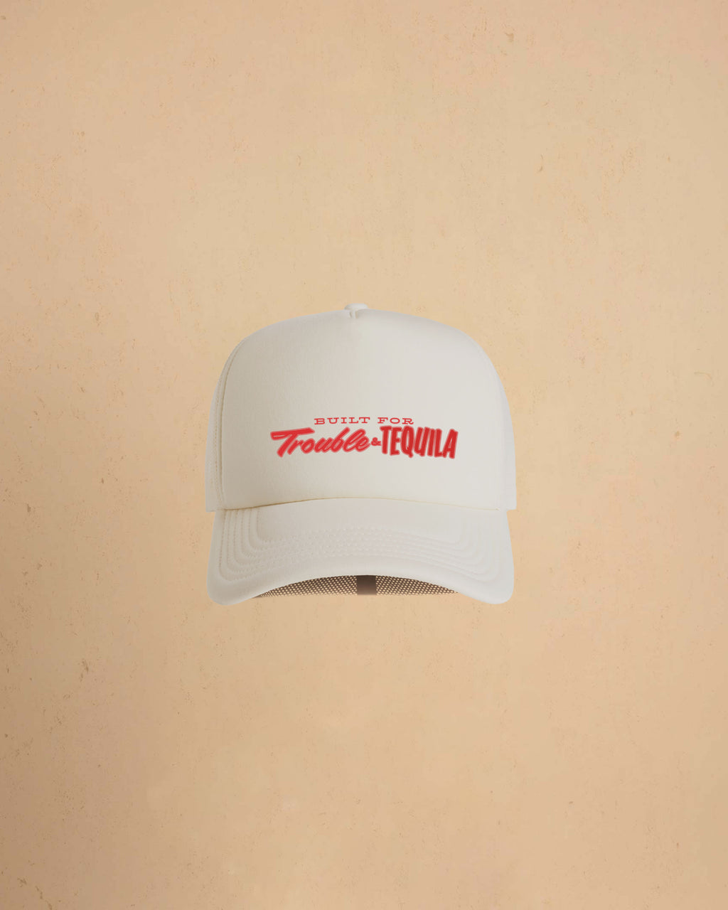 Built For Trouble trucker cap featuring a bold Western-inspired graphic on a high-profile foam-front snapback cap with breathable mesh backing.
