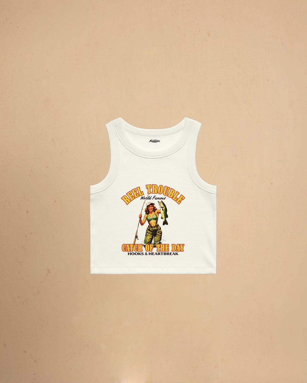 Women’s Reel Trouble organic crop tank featuring a vintage fishing pin-up graphic with retro western styling and heavyweight ribbed cotton construction.