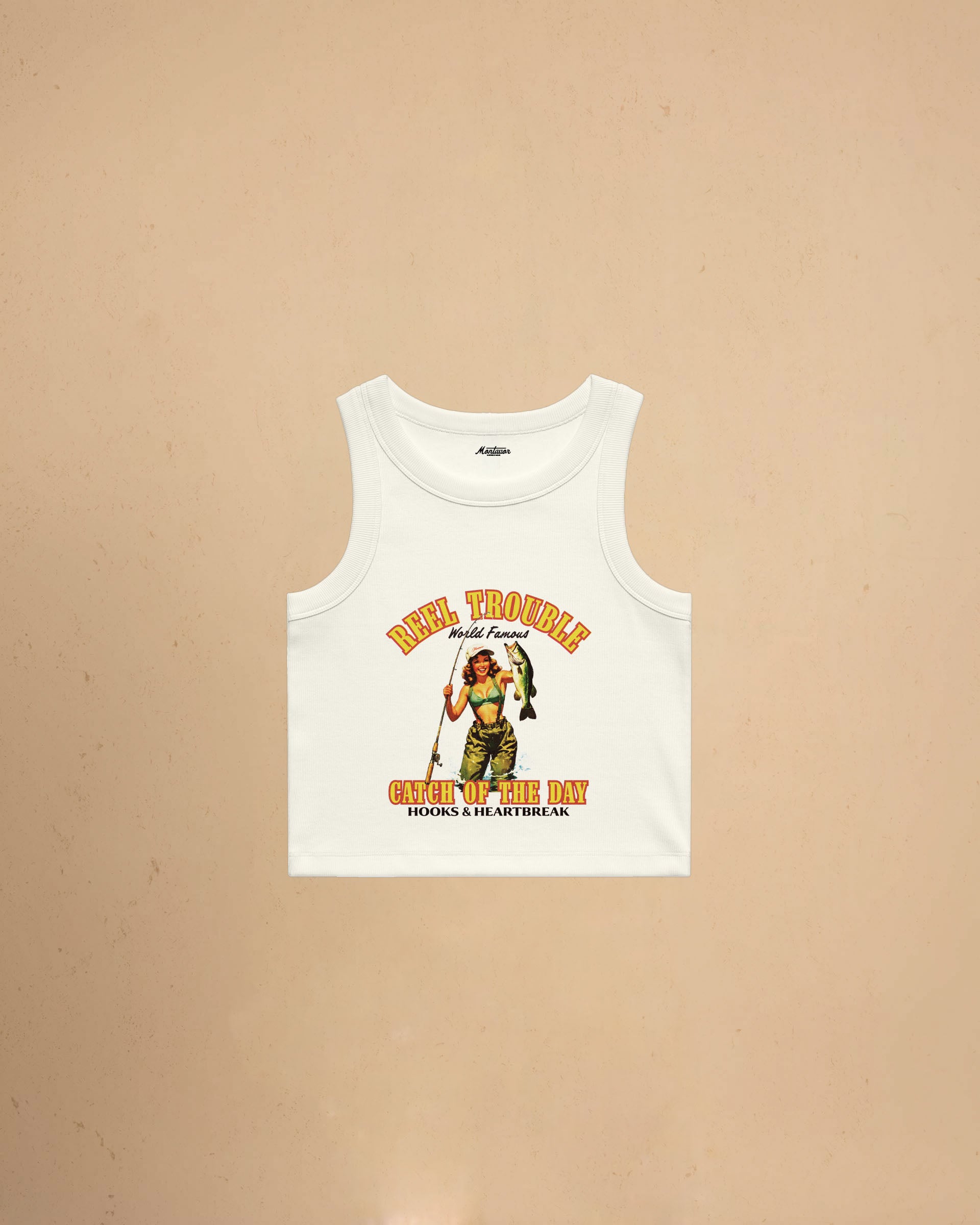Women’s Reel Trouble organic crop tank featuring a vintage fishing pin-up graphic with retro western styling and heavyweight ribbed cotton construction.