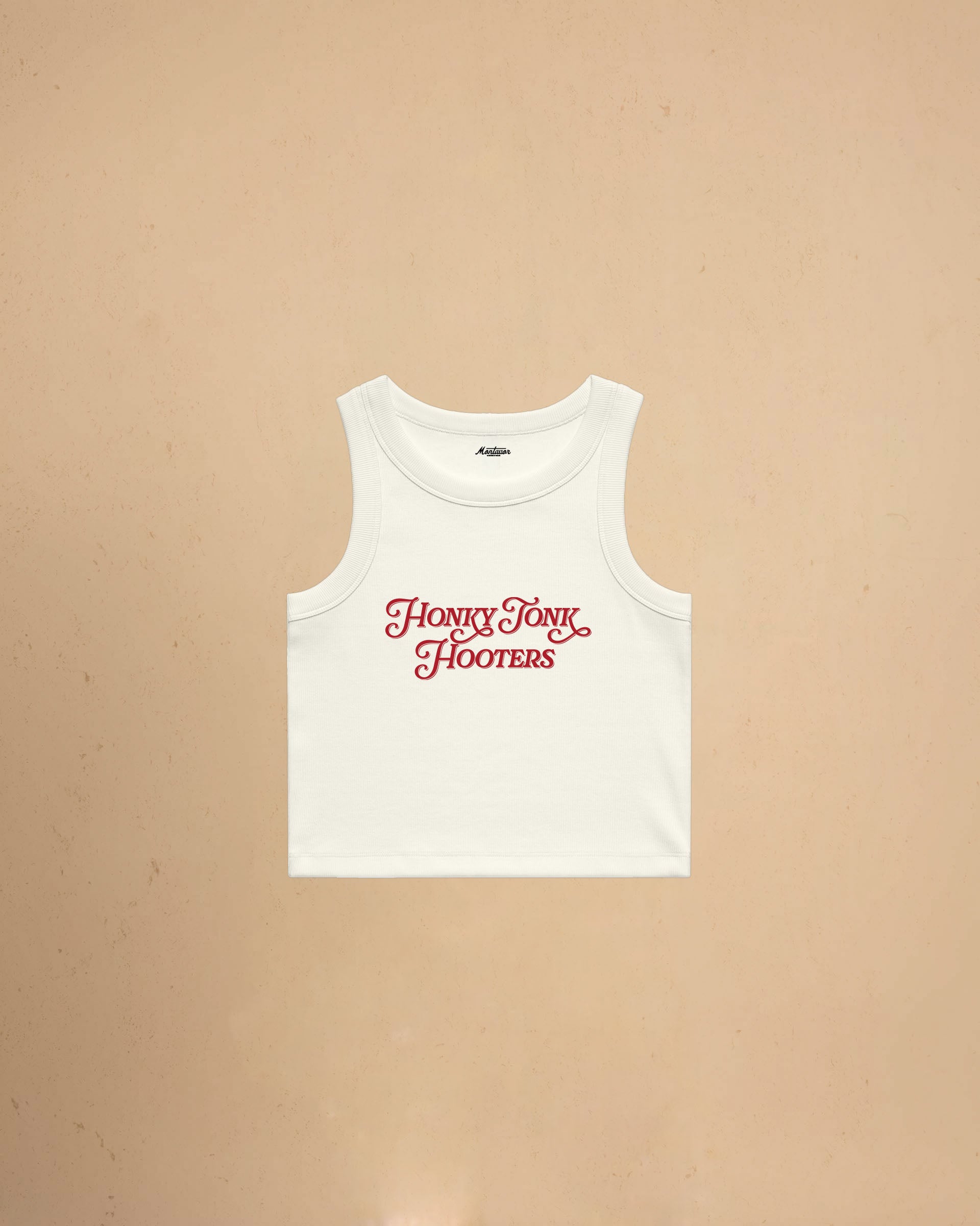 Women’s Honky Tonk Hooters organic crop tank top featuring vintage western typography, premium ribbed construction, and a flattering slim cropped fit.