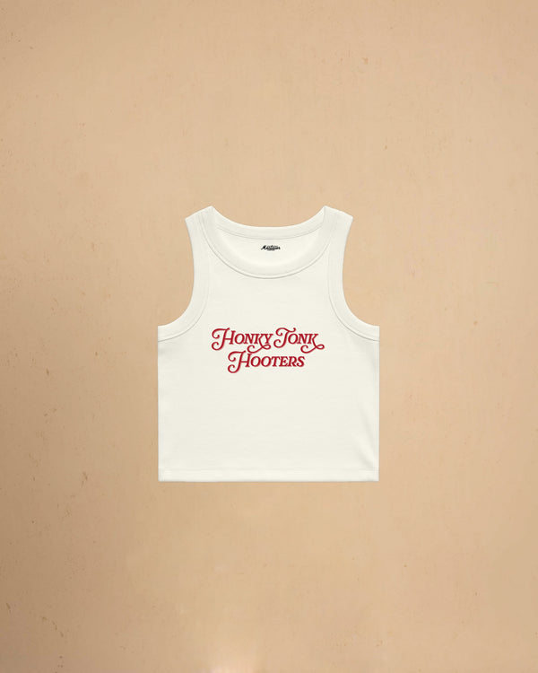 Women’s Honky Tonk Hooters organic crop tank top featuring vintage western typography, premium ribbed construction, and a flattering slim cropped fit.