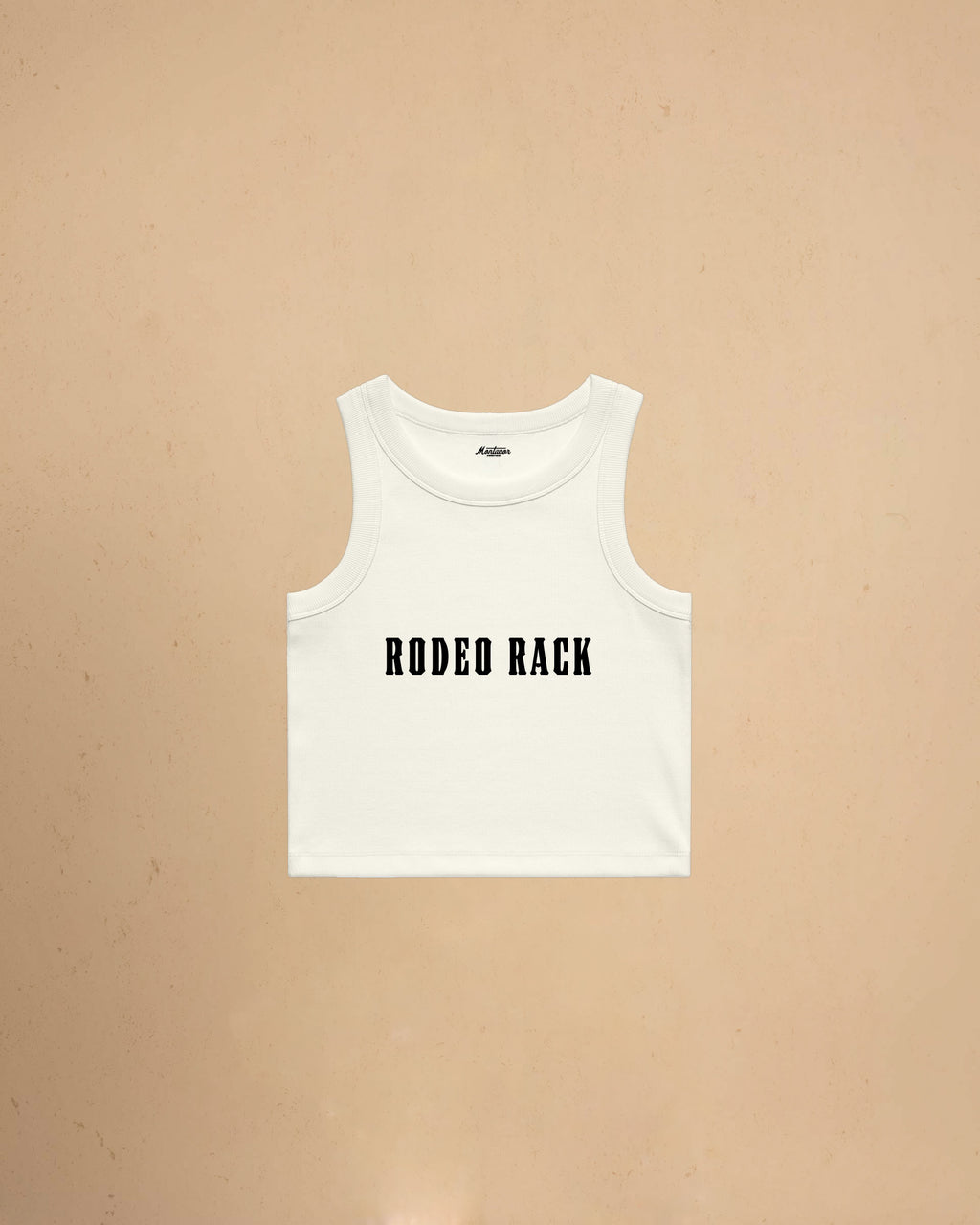 Rodeo Rack organic crop tank top by Montavor featuring bold western typography on a premium ribbed cropped tank.