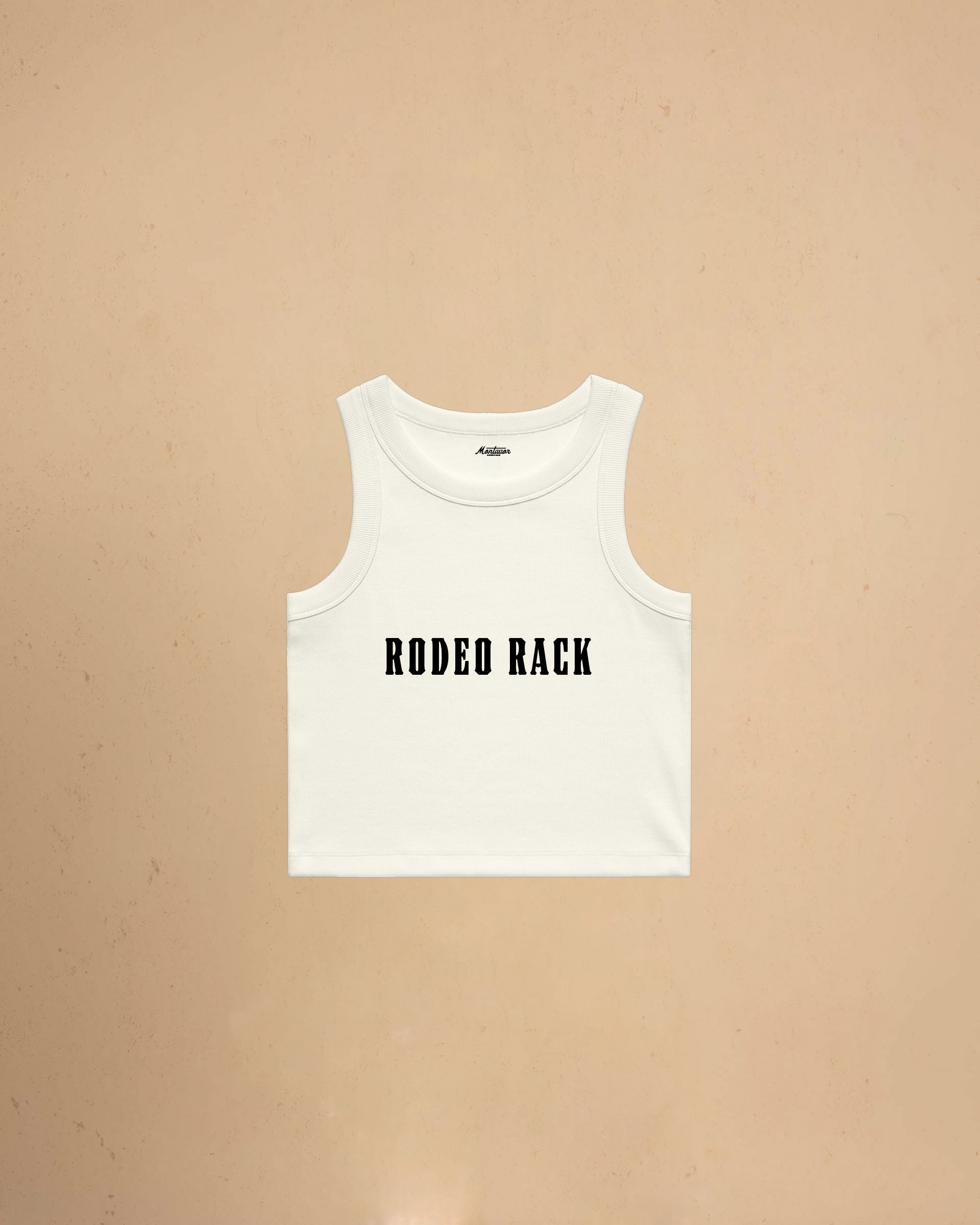 Rodeo Rack organic crop tank top by Montavor featuring bold western typography on a premium ribbed cropped tank.