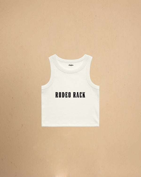 Rodeo Rack organic crop tank top by Montavor featuring bold western typography on a premium ribbed cropped tank.