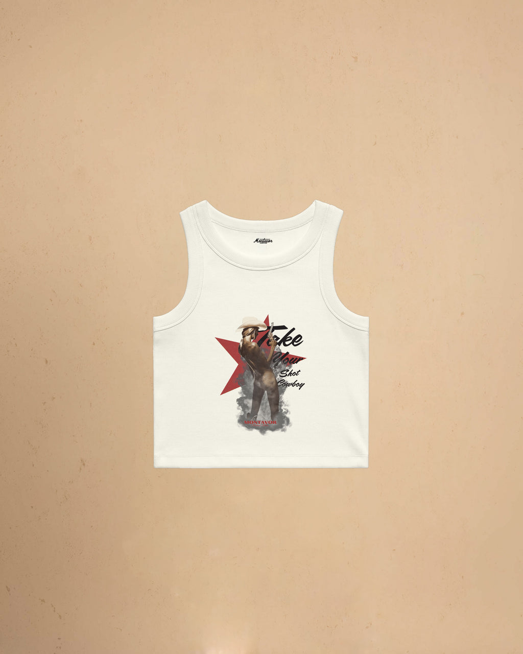 Take Your Shot Cowboy organic rib crop tank featuring a western cowgirl graphic with smoke effects and vintage western styling.