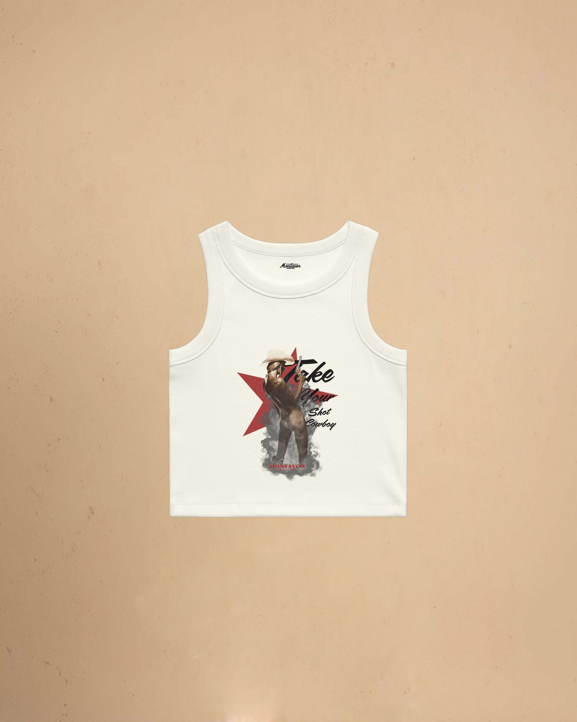 Take Your Shot Cowboy organic rib crop tank featuring a western cowgirl graphic with smoke effects and vintage western styling.