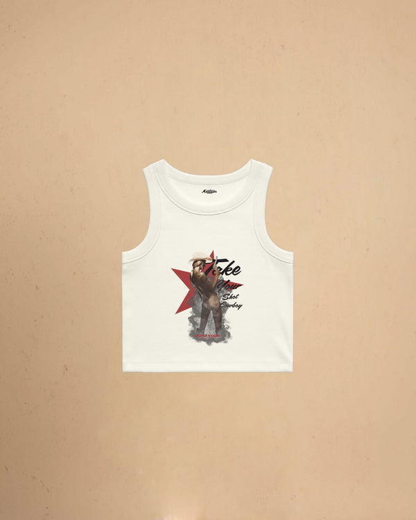 Take Your Shot Cowboy organic rib crop tank featuring a western cowgirl graphic with smoke effects and vintage western styling.