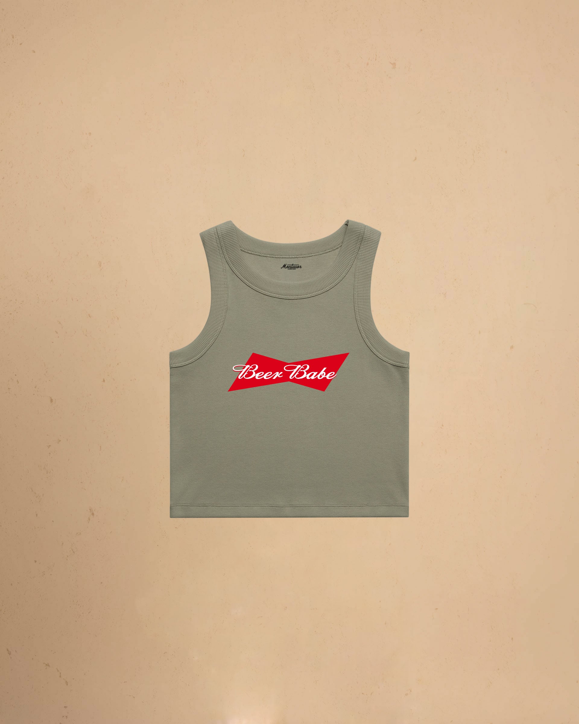 Beer Babe organic crop tank top featuring a retro-inspired beer graphic and slim fit cropped silhouette by Montavor.