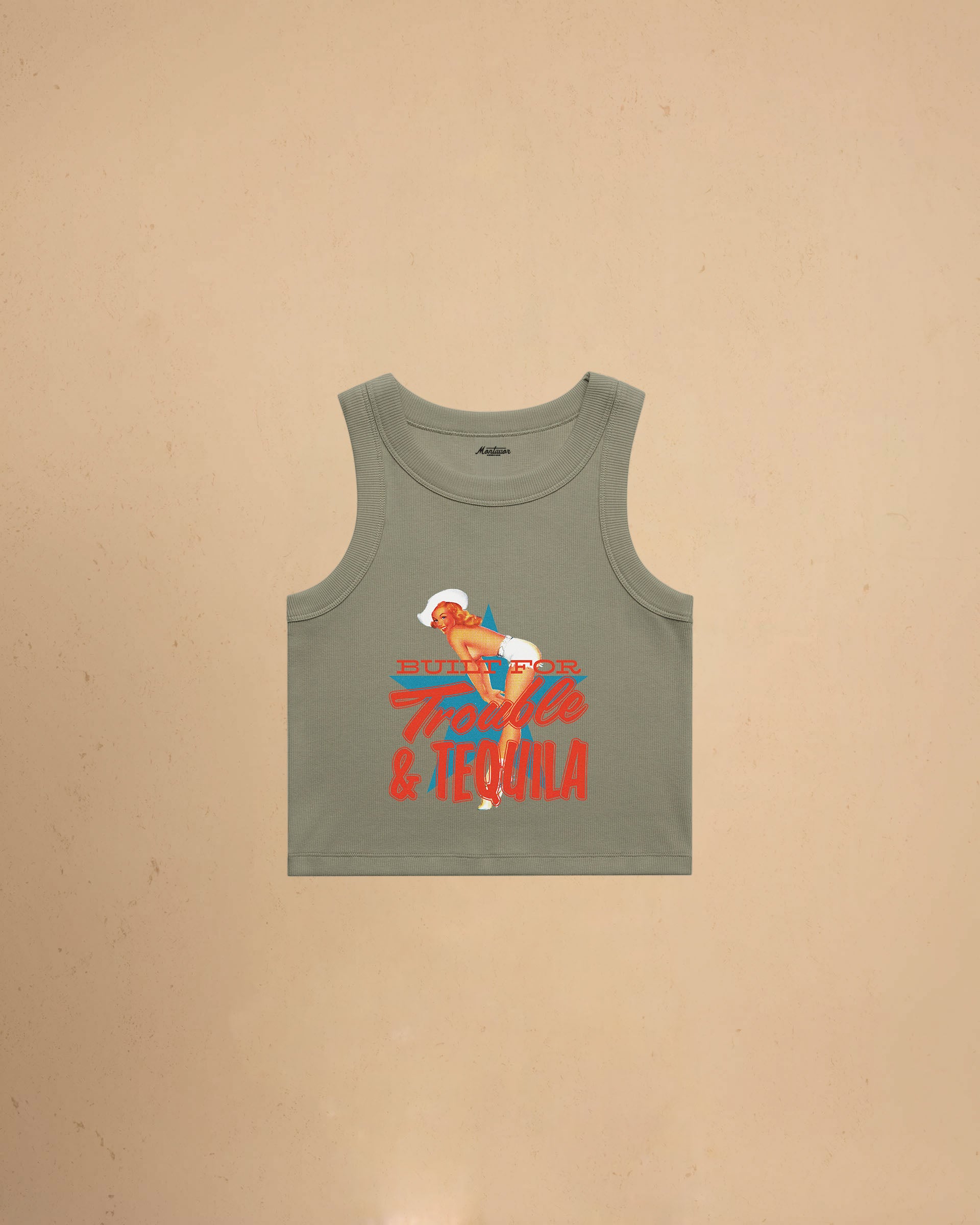 Eucalyptus Women’s Built For Trouble cropped tank top featuring a vintage-inspired Western graphic print on a premium ribbed crop tank.