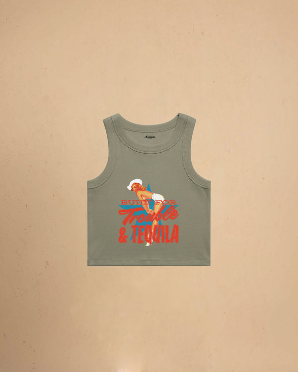 Eucalyptus Women’s Built For Trouble cropped tank top featuring a vintage-inspired Western graphic print on a premium ribbed crop tank.