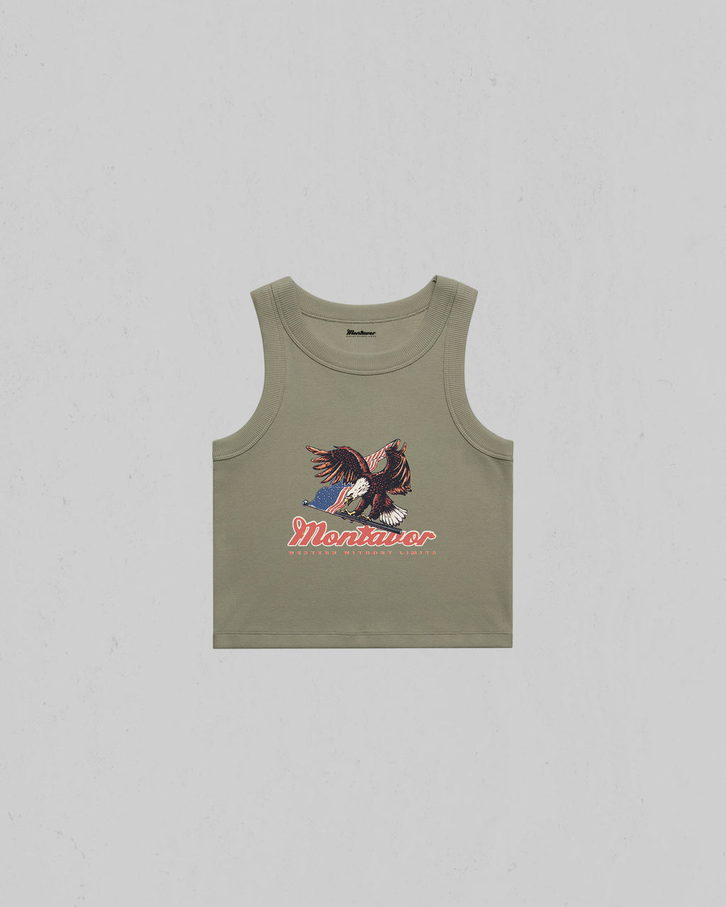 Montavor Eagle Organic Crop Tank Top featuring a vintage Americana eagle graphic on the front.