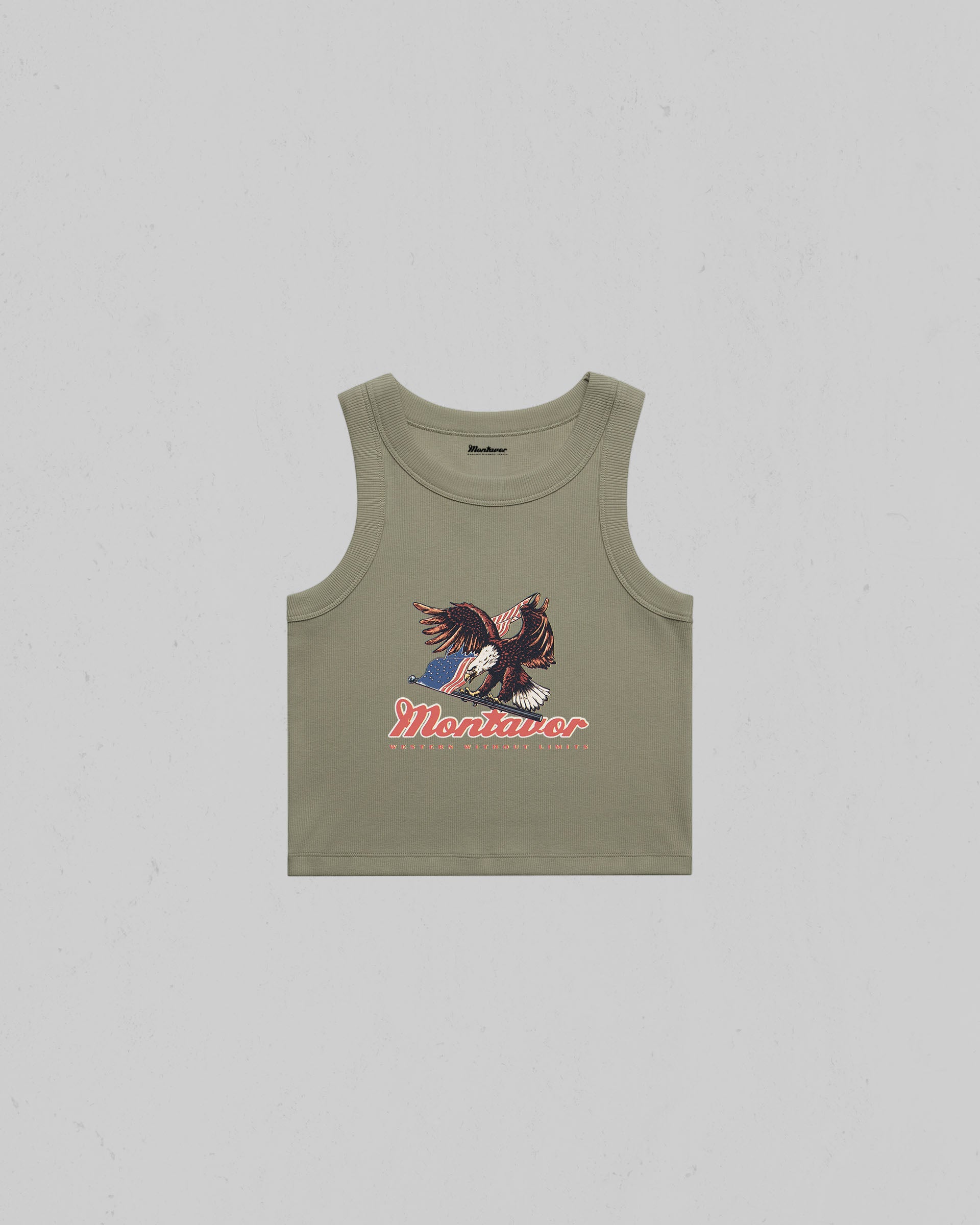 Montavor Eagle Organic Crop Tank Top featuring a vintage Americana eagle graphic on the front.