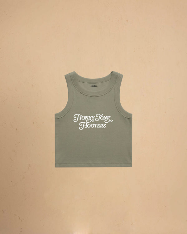 Women’s Honky Tonk Hooters organic crop tank top featuring vintage western typography, premium ribbed construction, and a flattering slim cropped fit.