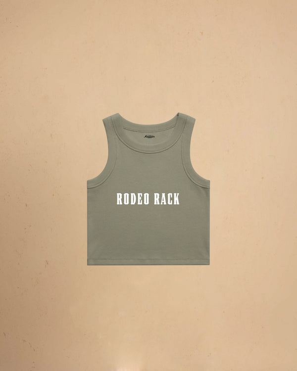 Rodeo Rack organic crop tank top by Montavor featuring bold western typography on a premium ribbed cropped tank.