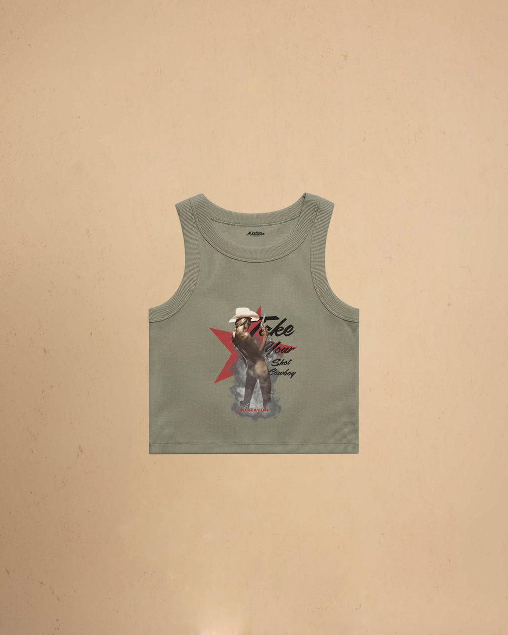 Take Your Shot Cowboy organic rib crop tank featuring a western cowgirl graphic with smoke effects and vintage western styling.