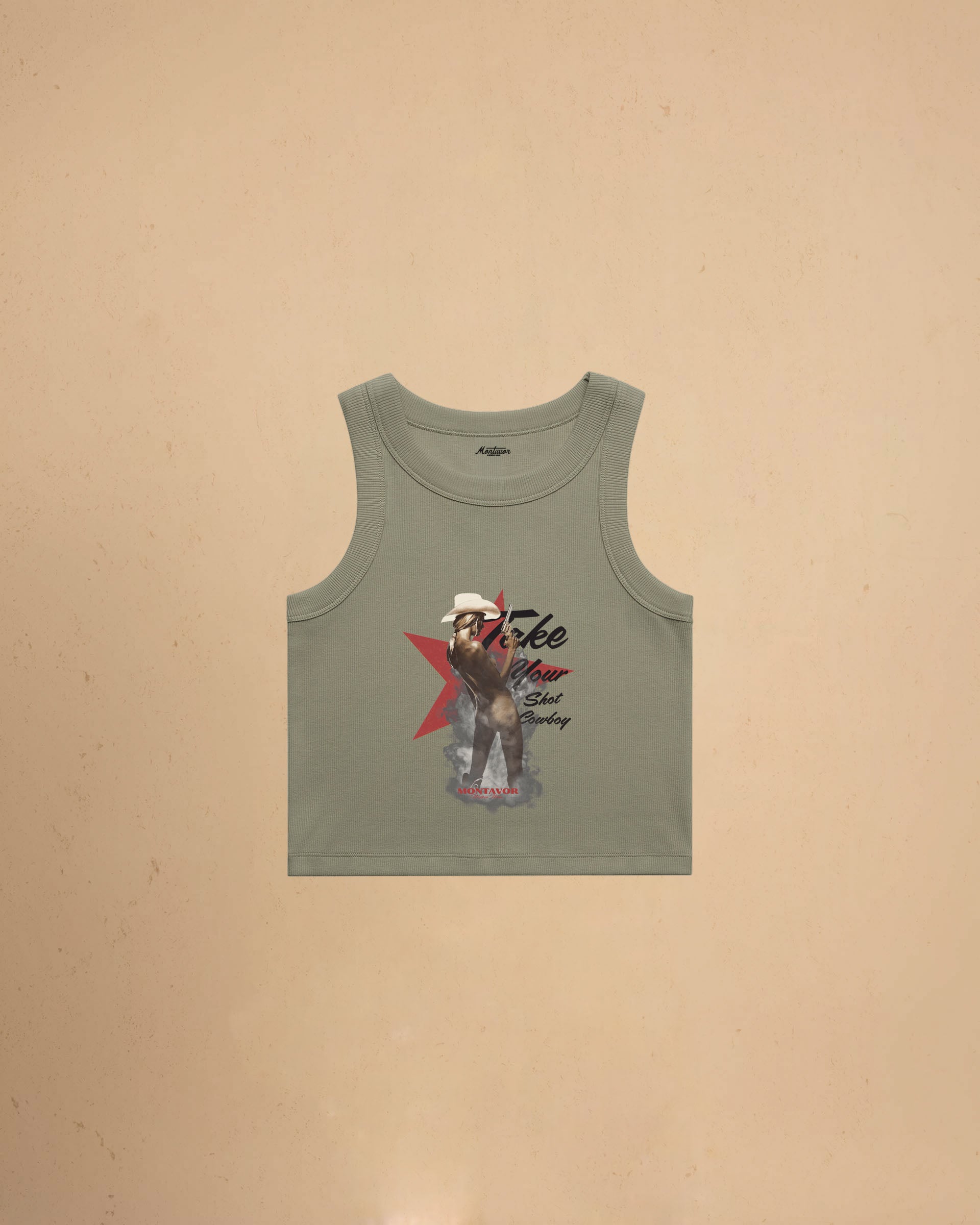 Take Your Shot Cowboy organic rib crop tank featuring a western cowgirl graphic with smoke effects and vintage western styling.