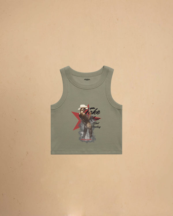 Take Your Shot Cowboy organic rib crop tank featuring a western cowgirl graphic with smoke effects and vintage western styling.