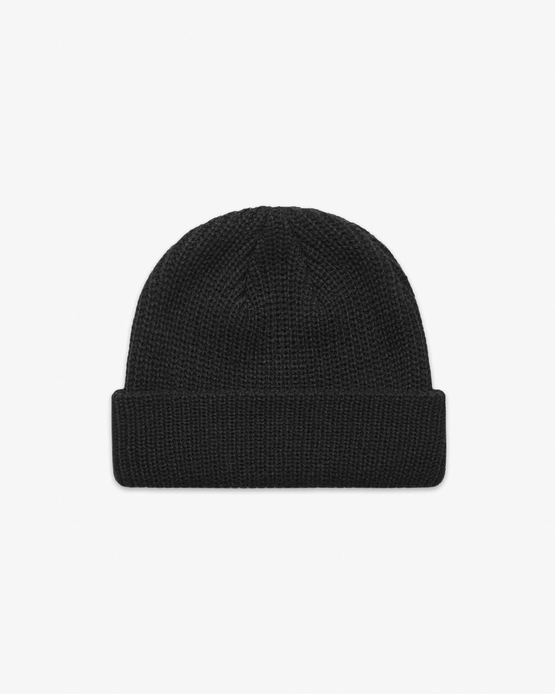 Black Short fisherman-style beanie with wide ribbed knit displayed flat for product detail. Main image