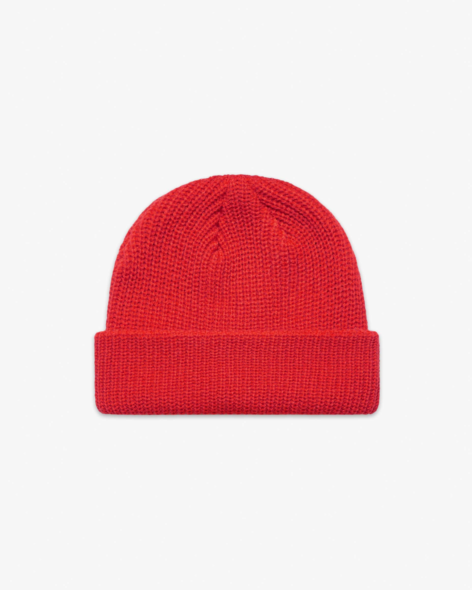 Red Short fisherman-style beanie with wide ribbed knit displayed flat for product detail. Main image