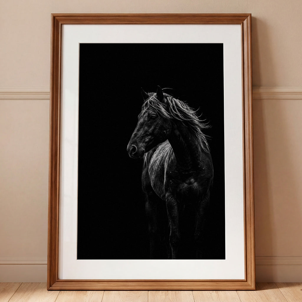 Black and white portrait of a wild stallion with flowing mane emerging from darkness, western horse wall art poster.