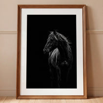 Black and white portrait of a wild stallion with flowing mane emerging from darkness, western horse wall art poster.