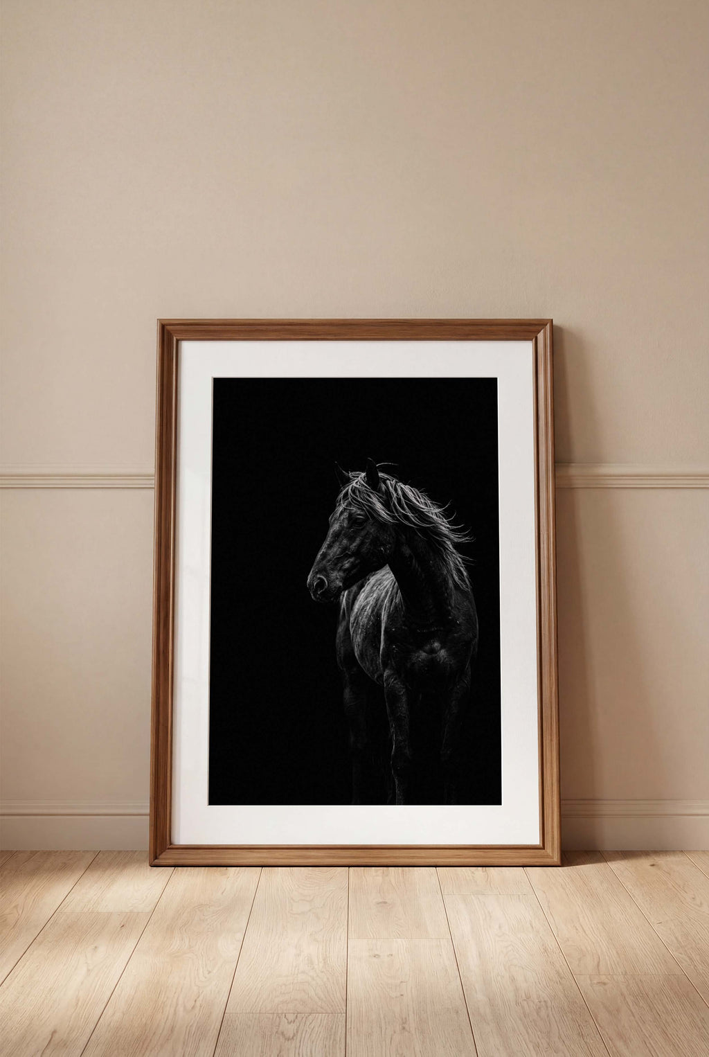 Black and white portrait of a wild stallion with flowing mane emerging from darkness, western horse wall art poster.