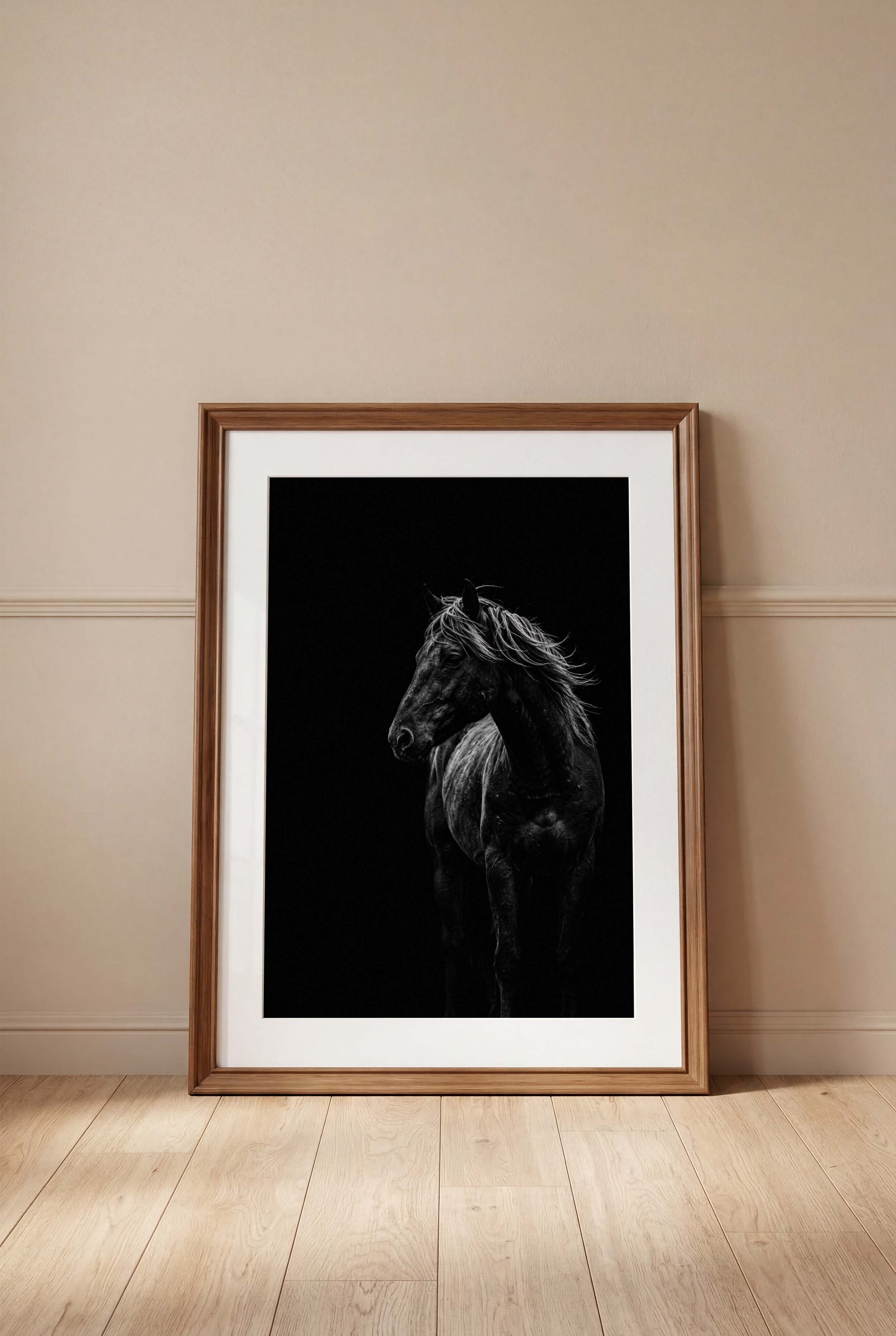 Black and white portrait of a wild stallion with flowing mane emerging from darkness, western horse wall art poster.