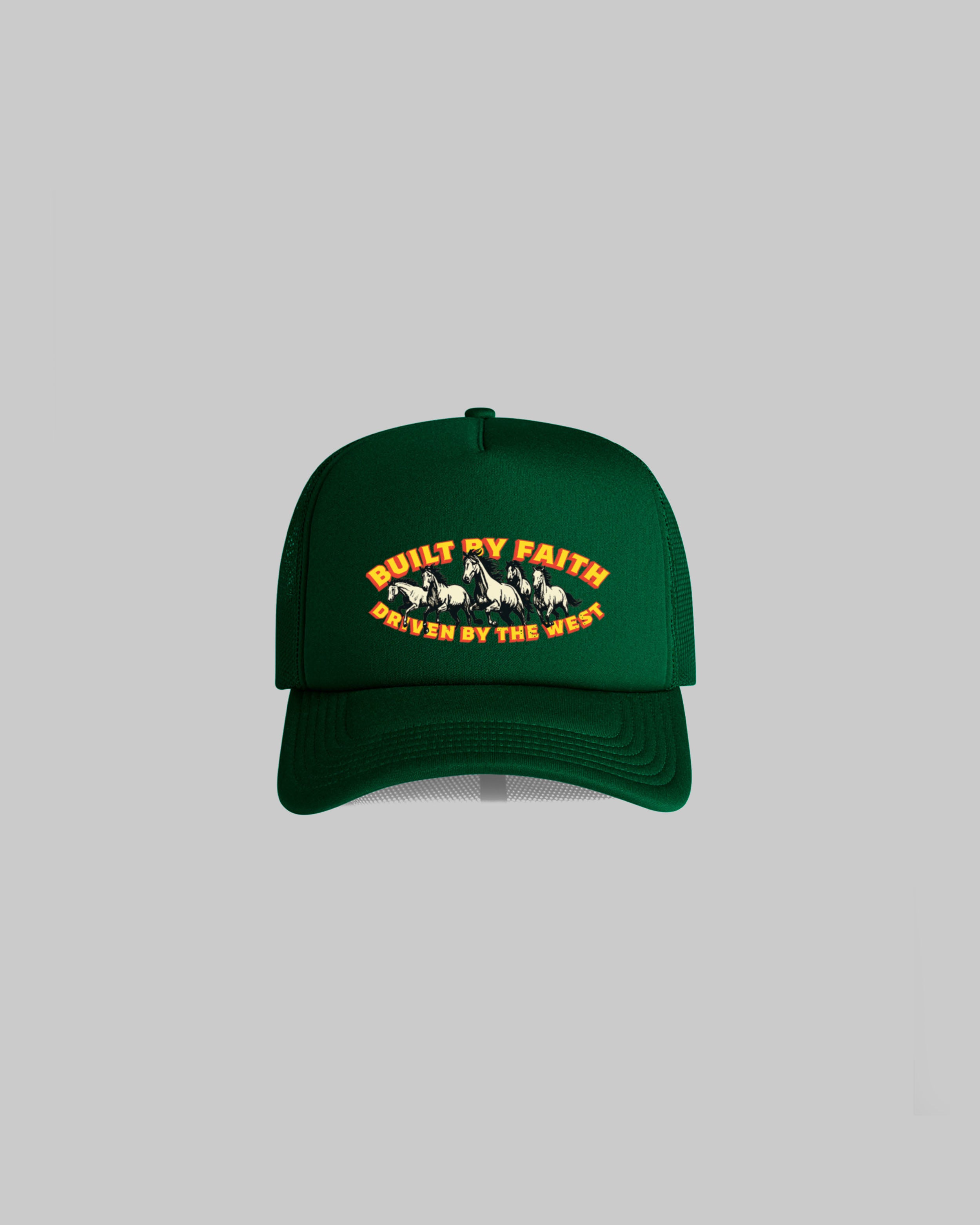 Green Built By Faith western trucker cap featuring a vintage horse graphic and curved peak.