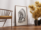 Vintage western ink illustration poster showing a side profile portrait of a plains chief wearing a feather headdress with detailed linework on a parchment background.
